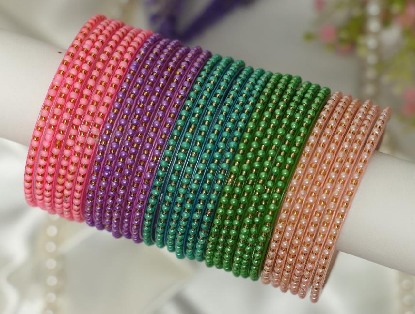 Pastel Pearl Dot Glass Bangles Set - 5 Dozens