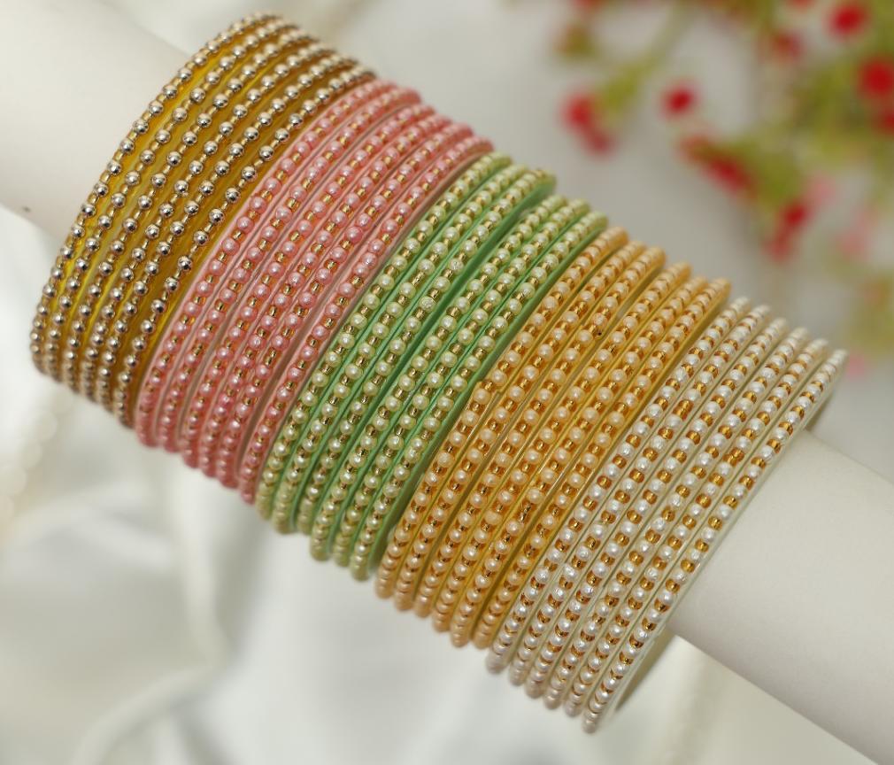 Pearl Dot Pastel Glass Bangles Set - 5 Dozens