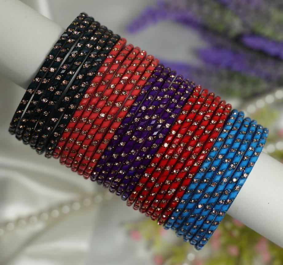Zaaraa Midnight Royale Glass Gemstone Bangles – 5 Colour Premium Combo Collection