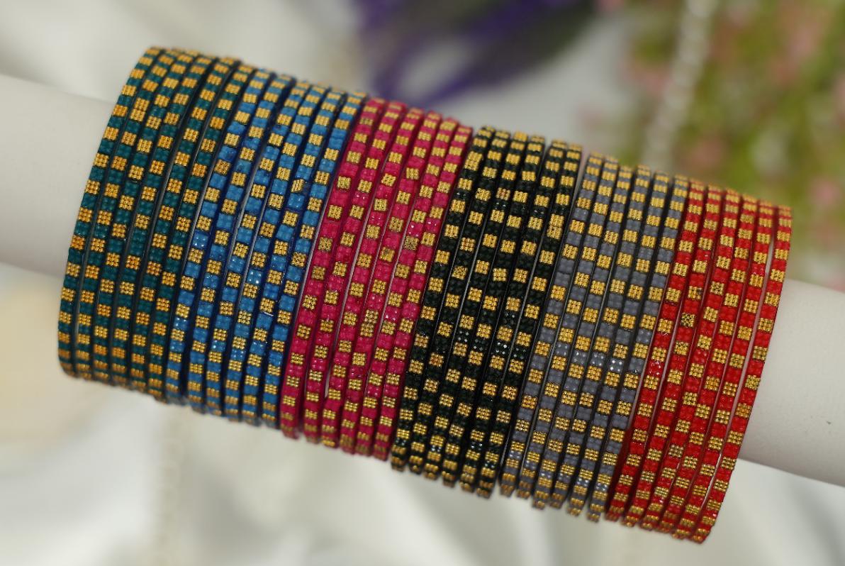 Zaaraa Golden Grid Glass Bangles Combo – Multicolour 6 Dozen  Premium Designer Bangles for Women