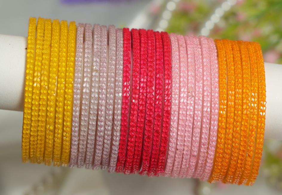 Zaaraa Heart-Cut Texture Glass Bangles – 5 Colour Designer Combo