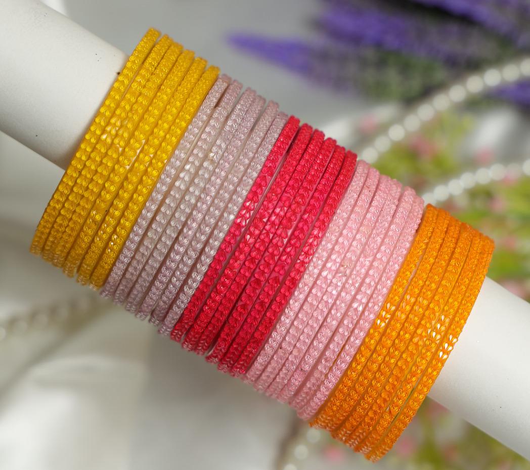 Zaaraa Heart-Cut Texture Glass Bangles – 5 Colour Designer Combo