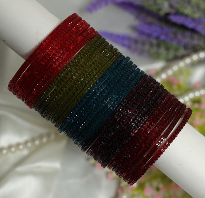 Zaaraa Ruby Royale Heart-Cut Texture Glass Bangles – 5 Multicolour Designer Combo