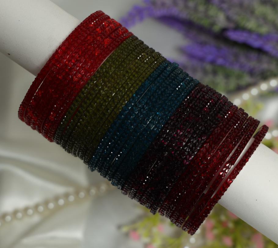 Zaaraa Ruby Royale Heart-Cut Texture Glass Bangles – 5 Multicolour Designer Combo