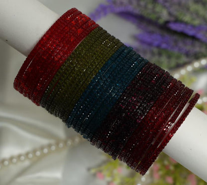 Zaaraa Ruby Royale Heart-Cut Texture Glass Bangles – 5 Multicolour Designer Combo