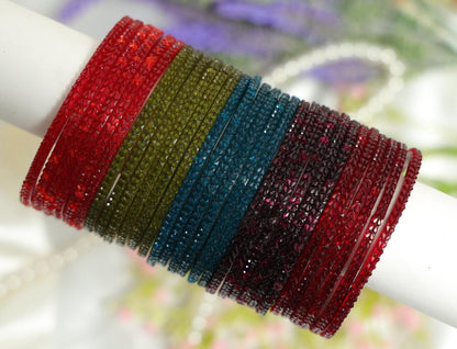 Zaaraa Ruby Royale Heart-Cut Texture Glass Bangles – 5 Multicolour Designer Combo