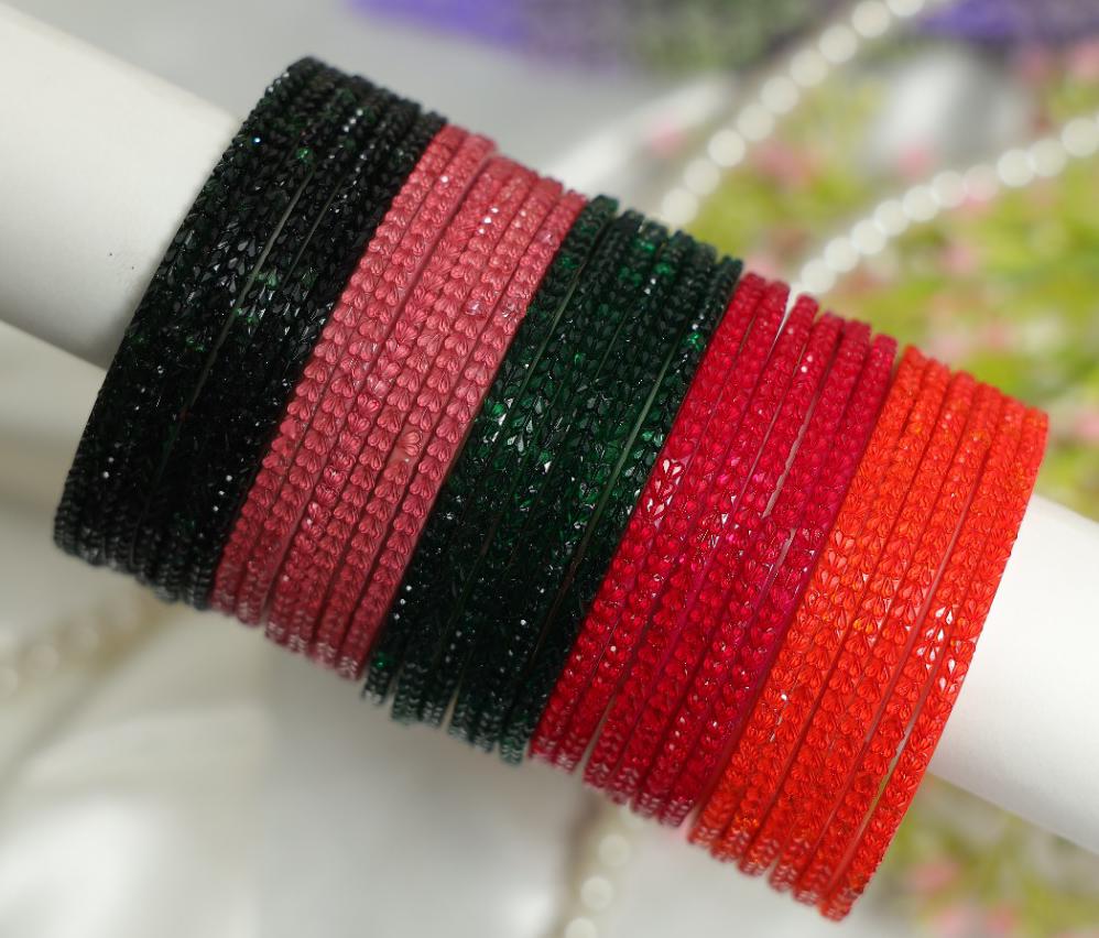Zaaraa Heart-Cut Texture Glass Bangles Combo – Premium Multicolour Designer Bangles for Women
