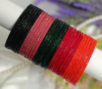 Zaaraa Heart-Cut Texture Glass Bangles Combo – Premium Multicolour Designer Bangles for Women