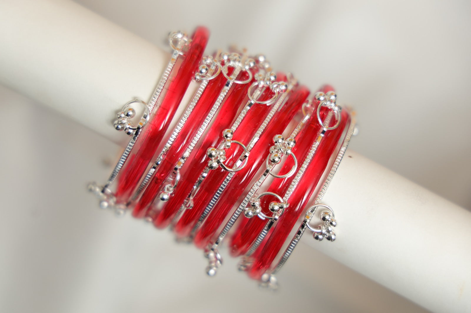 Zaaraa Red Jelly Mixing with Silver Kashmiri Designer Glass Bangles Set
