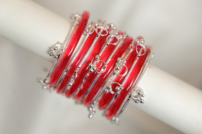 Zaaraa Red Jelly Mixing with Silver Kashmiri Designer Glass Bangles Set
