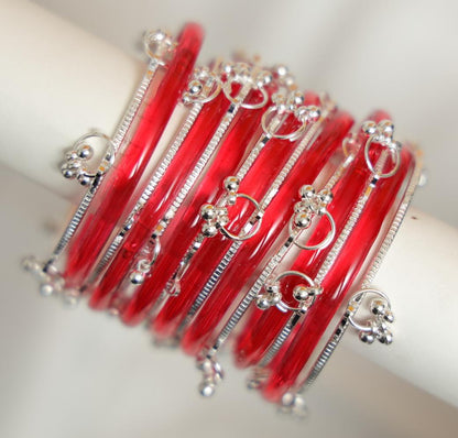 Zaaraa Red Jelly Mixing with Silver Kashmiri Designer Glass Bangles Set