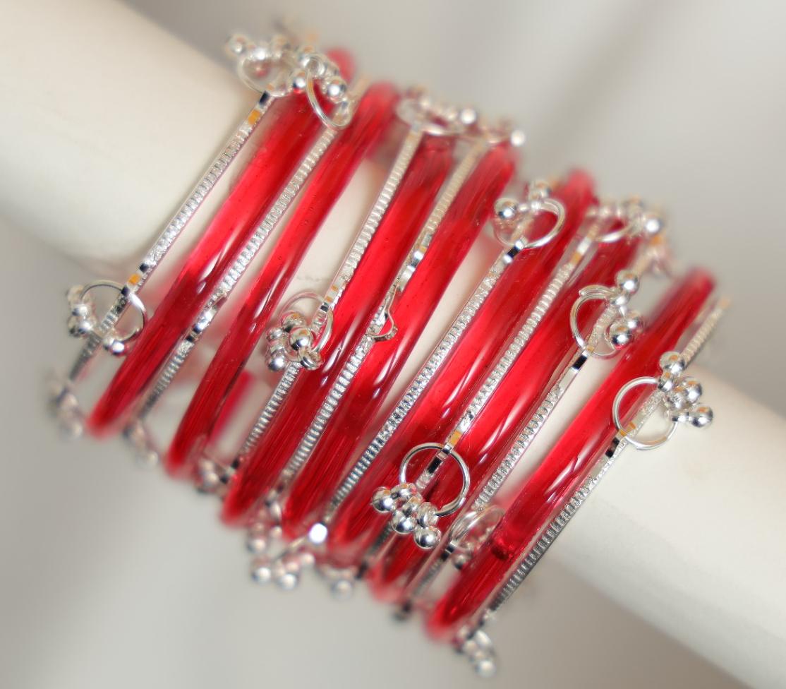 Zaaraa Red Jelly Mixing with Silver Kashmiri Designer Glass Bangles Set