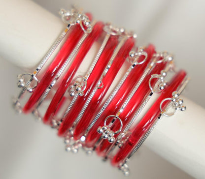 Zaaraa Red Jelly Mixing with Silver Kashmiri Designer Glass Bangles Set