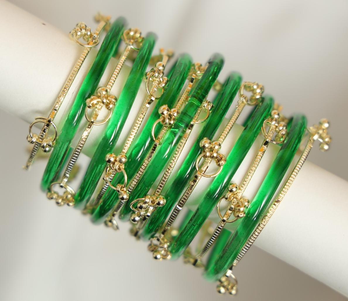 Zaaraa Emerald Jelly Mixing With Gold Kashmiri Bangles Set