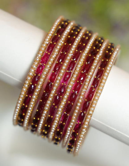 Zaaraa Ruby Raindrop Mixing With Pearl Glass Bangles