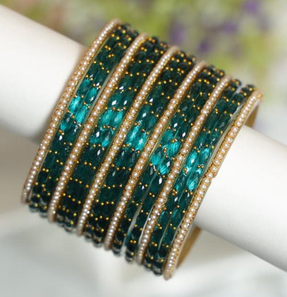 Zaaraa Teal Raindrop Mixing With Pearl Glass Bangles