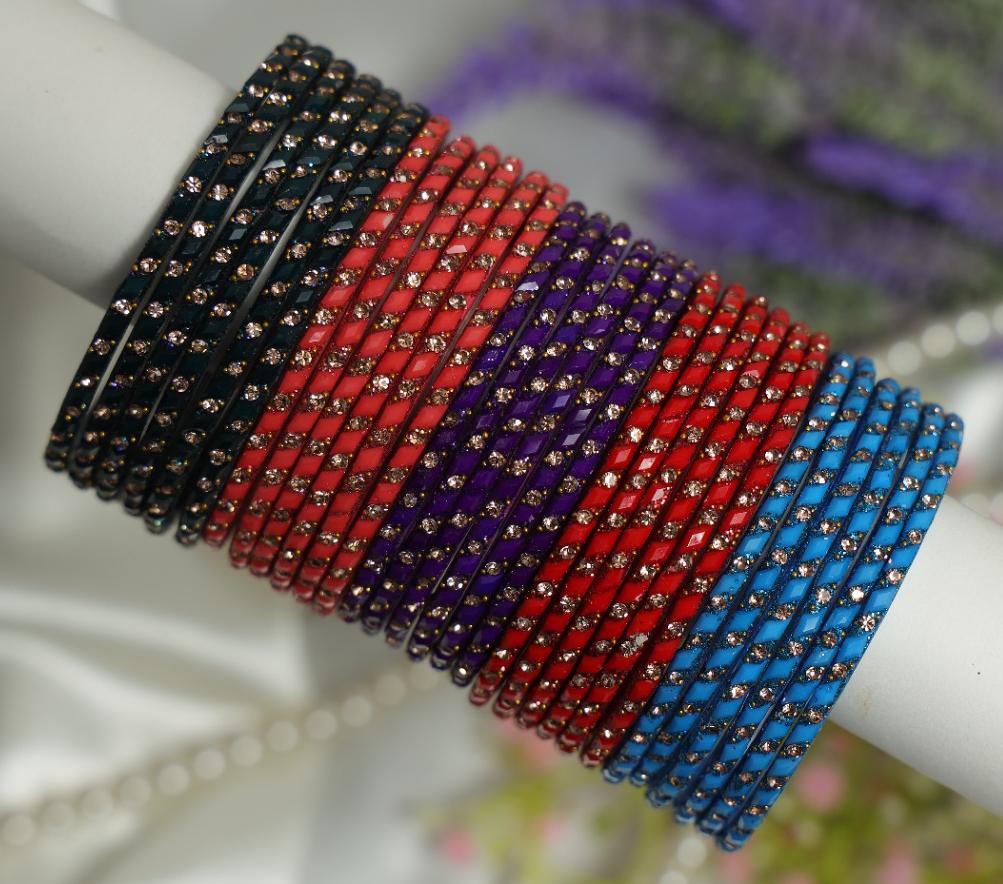 Zaaraa Midnight Royale Glass Gemstone Bangles – 5 Colour Premium Combo Collection